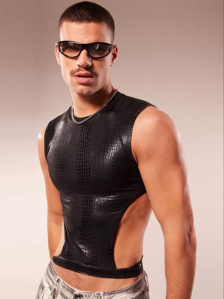 Men's Crew Neck Crocodile Embossed Cut=Out Tank Top